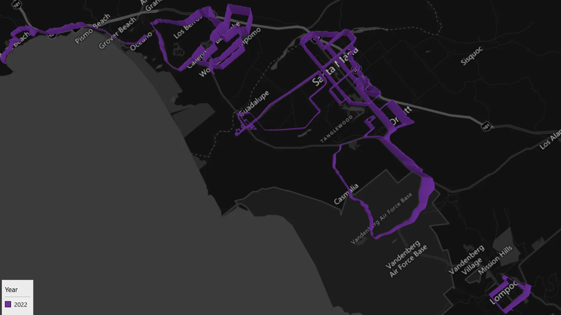 Visualization of my 2022 rides on the Cental Coast.